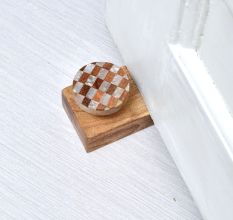 Brown & White Check Pattern Ceramic Wooden Door Stopper